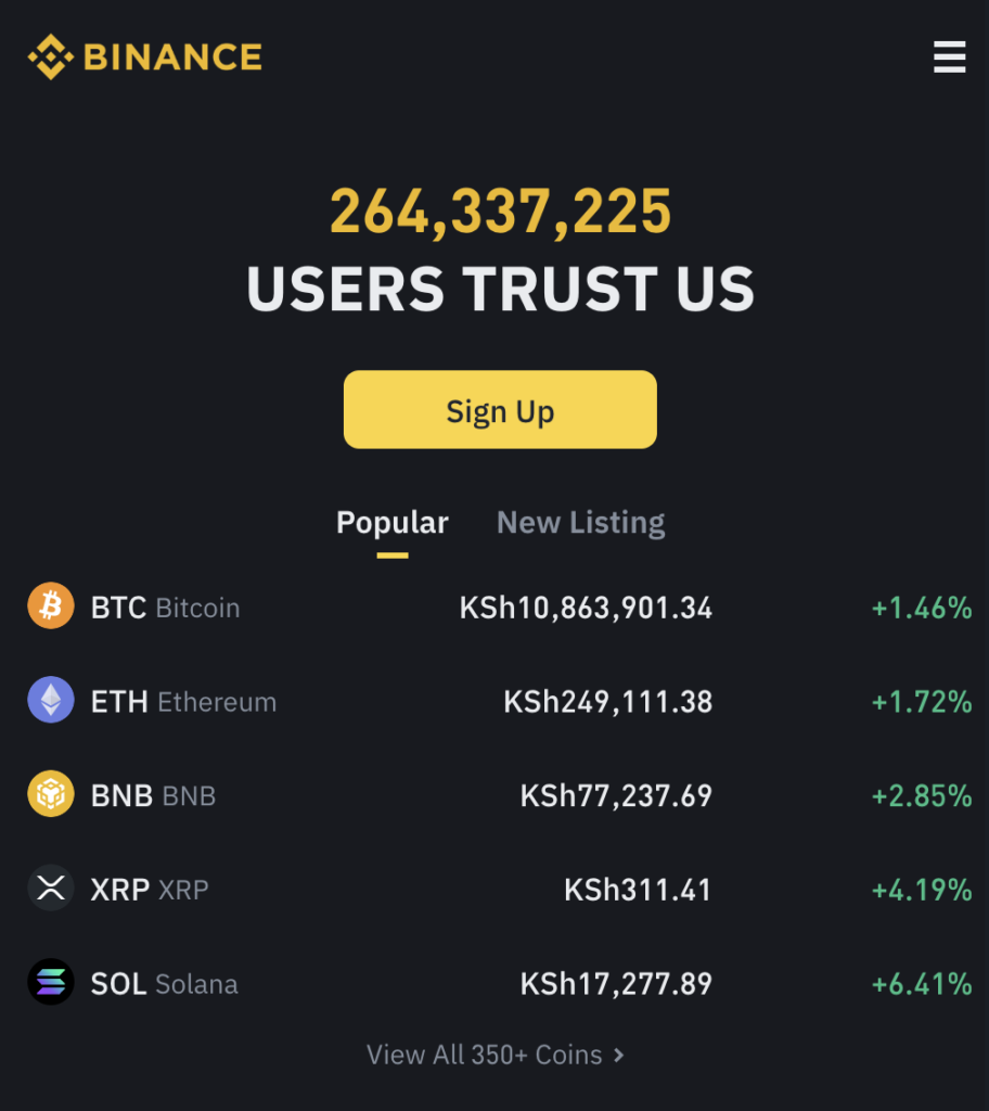 Binance sign up page screenshot