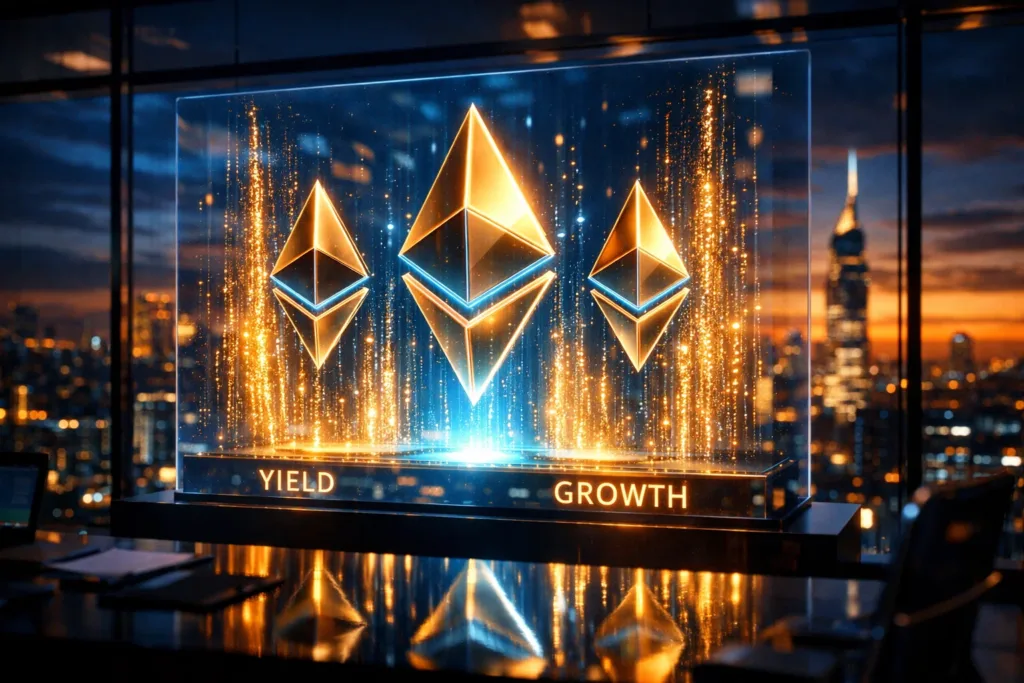 A golden Ethereum symbol floating in a sleek city office, with rising digital sparks that give off a strong feeling of financial growth and tech innovation.
