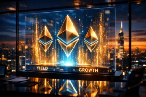 A golden Ethereum symbol floating in a sleek city office, with rising digital sparks that give off a strong feeling of financial growth and tech innovation.