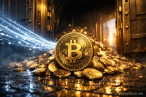 Golden Bitcoin coin resting on a pile of gold coins in a stone vault with light beams representing digital data flow