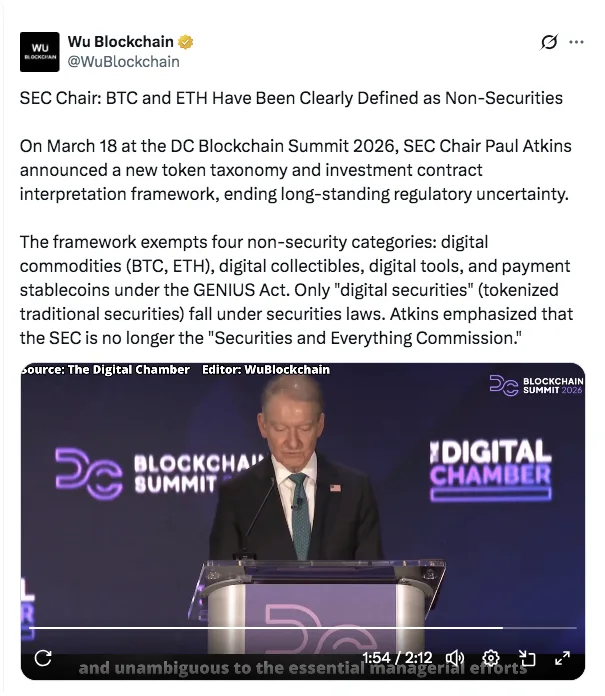 Bitcoin and Ethereum are classified as Digital Commodities post on X