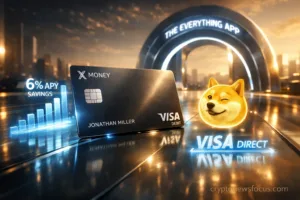 X Money debit card reflecting blue light, displayed alongside a 6% APY growth chart and the Dogecoin image.