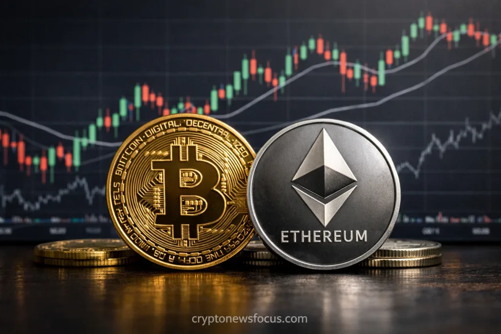 BITCOIN AND ETHEREUM IMAGES, BACKGROUND SHOWING PRICE CHART