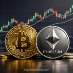 BITCOIN AND ETHEREUM IMAGES, BACKGROUND SHOWING PRICE CHART