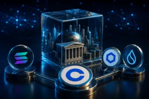 Image showing Coinbase, Solana, Base and Sui in a tokenized private fund illustration.