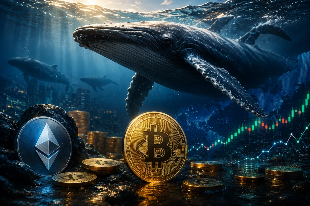 Crypto whale illustration with Bitcoin, Ethereum, and price charts