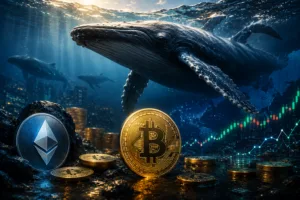 Crypto whale illustration with Bitcoin, Ethereum, and price charts