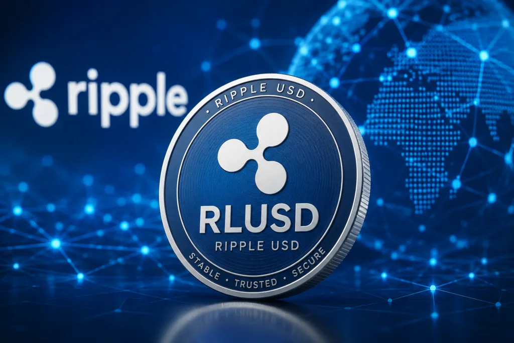 IMAGE OF RLUSD AND IN THE BACKGROUD THERE IS WORD RIPPLE