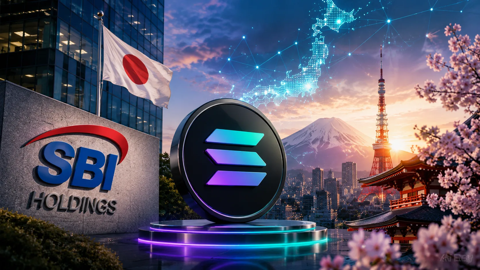 Futuristic Tokyo with crypto and tradition solana