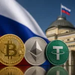 Bitcoin, Ethereum and Tether coins with Russian flag in background
