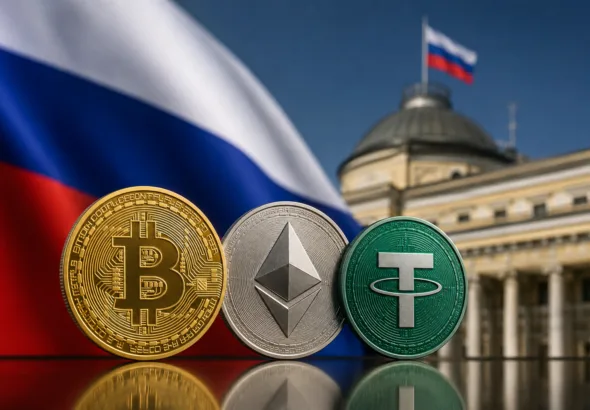 Bitcoin, Ethereum and Tether coins with Russian flag in background