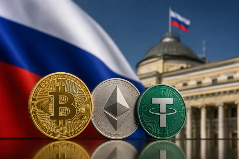 Bitcoin, Ethereum and Tether coins with Russian flag in background