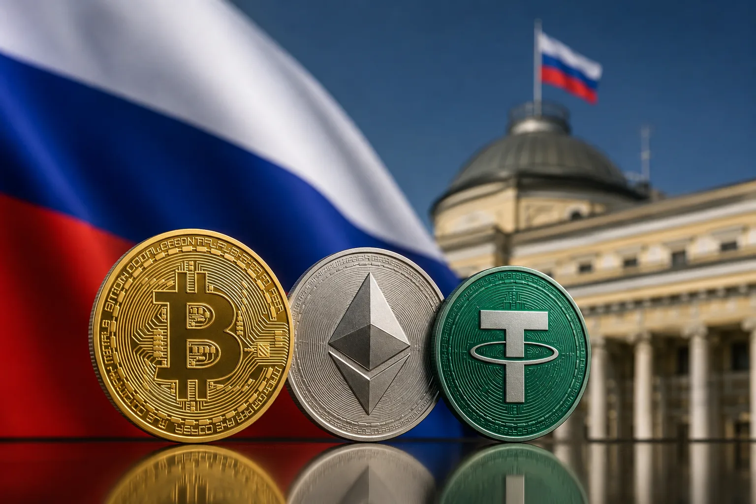 Bitcoin, Ethereum and Tether coins with Russian flag in background