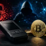 Coldcard hardware wallet beside Bitcoin coins illustrating a security flaw and Bitcoin theft.