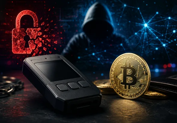 Coldcard hardware wallet beside Bitcoin coins illustrating a security flaw and Bitcoin theft.
