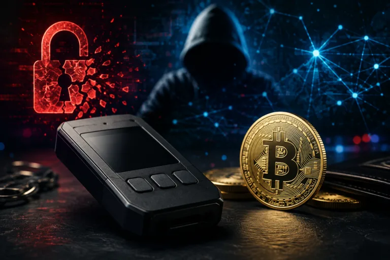 Coldcard hardware wallet beside Bitcoin coins illustrating a security flaw and Bitcoin theft.