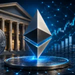 Ethereum logo with a financial building in the background