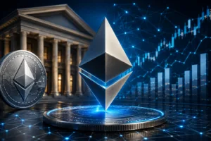 Ethereum logo with a financial building in the background