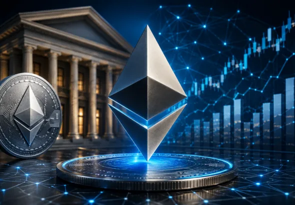 Ethereum logo with a financial building in the background