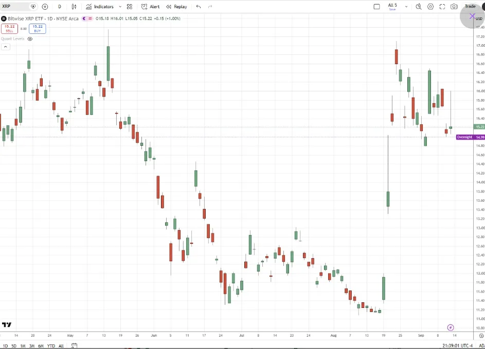 Bitwise XRP ETF price chart for 24 hours period